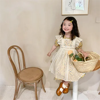 Nové 2021 Lete Dievčatá Bavlna Kvetinový Krátky Rukáv Princezná Šaty kórejský štýl Deti Voľné Oka Šaty Oblečenie