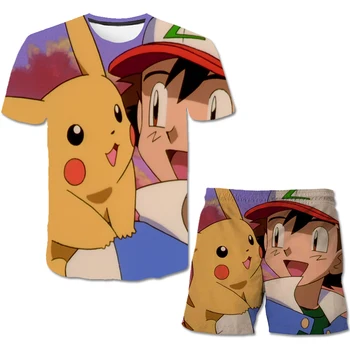 Nové Pikachu Deti je 3d T-tričko + krátke Nohavice Dvaja Chlapci A Dievčatá v Lete Bežné Vyhovovali Detí 3d T-tričko+ krátke Nohavice