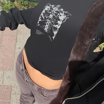 Punk streetwear 90. rokov vintage-krátke rukávy T-shirt žena gotický Harajuku grunge grafické tlače y2k estetické orezať začiatok leta slim