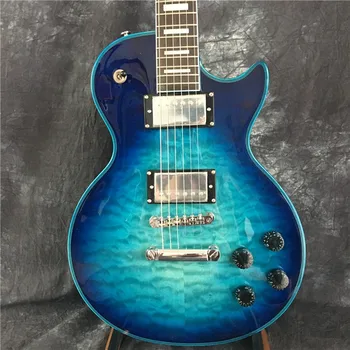Pôvodné priame vlastné gitara, elektrická gitara, javor plameň top, modrá veľký kvet gitara, strieborné doplnky,