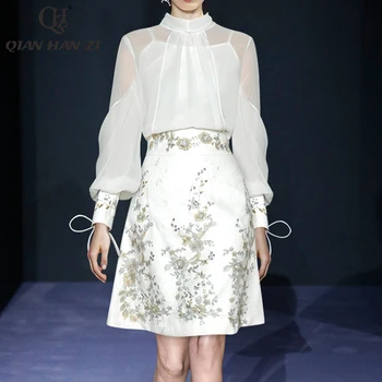 Qian Han Zi letné módne, elegantné dve kus Ženy dlhým rukávom biele blúzky, košele+čipky vyšívané korálkami mini sukne Oblek