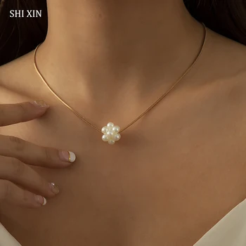 SHIXIN Jednoduché Pearl Flower Pendnat Náhrdelník pre Ženy Elegantné Trendy Krátke Svadobné Perly Choker Náhrdelníky 2021 Módne Šperky