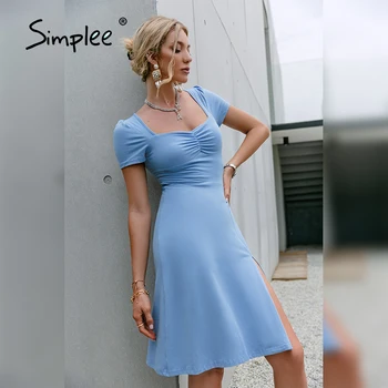 Simplee Elegantný modrý obláčik rukávom letné šaty žien Bavlna námestie krku skladaný dámske šaty Módne pevné split vestidos 2021