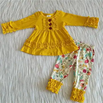 Veľkoobchod Baby Girl Boutique Oblečenie s Dlhým Rukávom Šedá jednofarebné Tričko Žltý Kvet Prehrabať Bell dnom Nohavice Nastaviť Deti Oblečenie