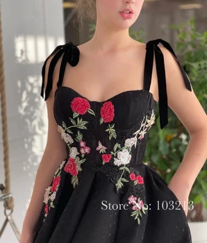 Vintage Polka Bodkami, Čierne Krátke Večerné Šaty 2020 Elegantné Vyšívané 3D Kvetinovým Appliques Formálne Šaty Prom Šaty na Zákazku