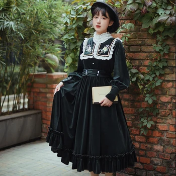 Vintage Vyšívané Velvet Lolita Módy Gotické Šaty Gothic Vestido Pešej Vzdialenosti Od Širokej Škály Lolitas Vestido Viktoriánskej Dlhý Rukáv Princezná Čipky