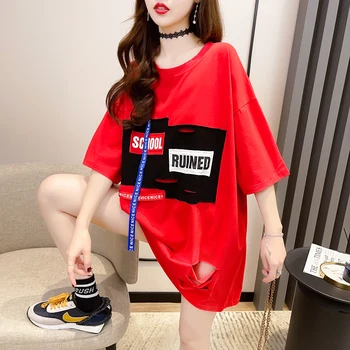 #0626 Biela Červená Ružová Dlhé Tričko Ženy Otvory Harajuku Streetwear Hip Hop T Shirt Dievča O Krk Patchwork Dámske Tričko Košele Lete