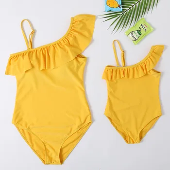 2020 novú Rodinu, Plavky, oblečenie Pevné Žltá Jeden-Ramenný Rozstrapatené Plavky Pre Mamu Dcéra 2020 Letné Beach Plávanie oblek