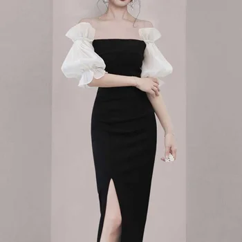 2021 Ženy Letné Dlhé Šaty Lomka krku Strane Rez Svietidla Rukáv Elegantné Večerné Party Black Vestidos Formálne Oblečenie pre Ženy