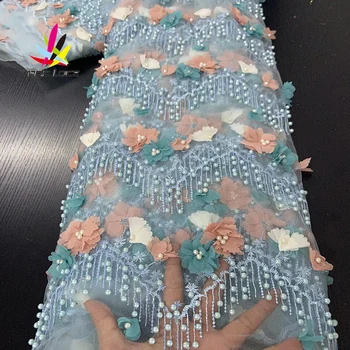 3D Kvet Čipky Textílie s korálkami Výšivky Hnedá Farba Elegantný francúzsky Nigérijský Najnovšie Dizajn, Štýl, Vysokú Kvalitu Nový Štýl