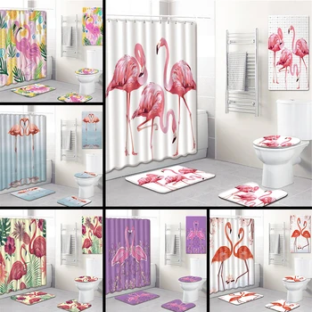 5 ks/set 3D Flamingo Tlačený Vzor Sprchový Záves Podstavec Koberec Veko Wc Kryt Mat Vaňa Mat Nastaviť Kúpeľňa Záclony