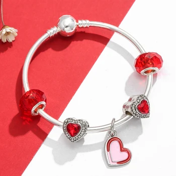 BAOPON Jednoduché Farebné Kúzlo Náramok Náramok Pre Ženy, Red Crystal Láska Srdce Korálky Fit Originálne Náramky, Prívesky DIY Šperky