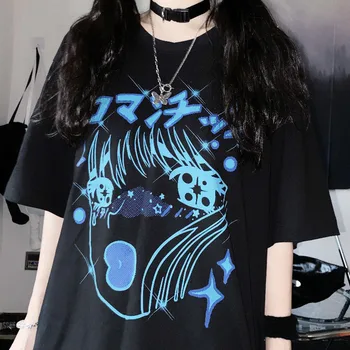 Black Cartoon Bavlnené Tričko Streetwear Nadrozmerná T Shirt Harajuku V Pohode Japonsko Roztomilej Príležitostné Gotický Tričko Amín Zábavné Voľné Topy