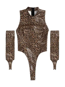 Dámske Leopard Tlač High Cut Kombinézu s Oversleeve Faux Kožené Sexy Clubwear Posmívati Krku bez Rukávov Zips Späť priesvitný Set spodnej Bielizne