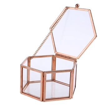 Hexagon Transparentné Rose Gold Sklo Prsteň Box Snubný Prsteň Box Geometrické Číre Sklo Šperky Box Organizátor TabletopHolder