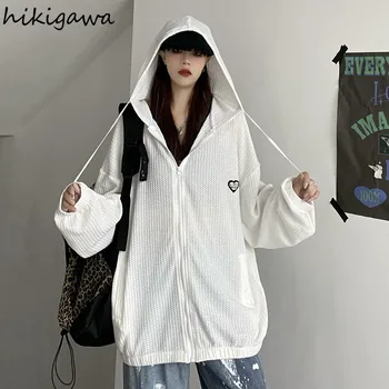 Hikigawa Bežné Bundy Ženy Voľné Módne Kapucňou Outwear Dámy Priedušná Opaľovací Krém Topy Jar Leto Základné Wild Biele Kabáty