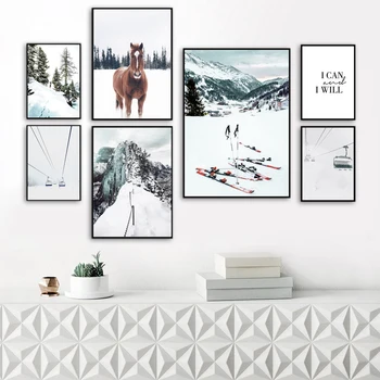 Kôň, Jeleň Snehu, Horský Les Lyžiarske Rada Wall Art Plátno Na Maľovanie Nordic Vytlačí Na Stenu Obrázky, Plagáty, Estetické Izba Dekor