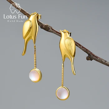 Lotus Zábava 18K Gold Crystal Mesiac a Vták Strapec Visieť Náušnice Pre Ženy 925 Sterling Silver Osobné Šperky 2021 Trend