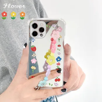 Luxusné Zrkadlo Roztomilé farebné Kvety Náramok reťazca Kryt pre iPhone 11 Pro Max 12 Pro Max MiNi XR XS X 7 8 plus SE 2020 Shell kryt