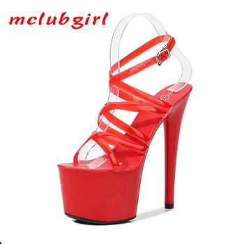 Mclubgirl 2021 Lete Patent Kožené Sandále Špeciálne Vysoké Podpätky Jemné Sexy Čierne Platformy Podpätky Ultra-Vysoké Sandále pre ženy LFD