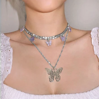 Móda Strieborná Farba Kovových Motýľ Náhrdelník Pre Ženy, Multi-layer Roztomilý Akryl Motýľ Prívesky Twist Crystal Choker Šperky