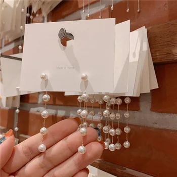 Nové Trendy Víla Simulované Pearl Ženy Dlhé Náušnice Biele Okrúhle Pearl Svadobné Prívesok Náušnice Kórejský Módne Šperky Náušnice