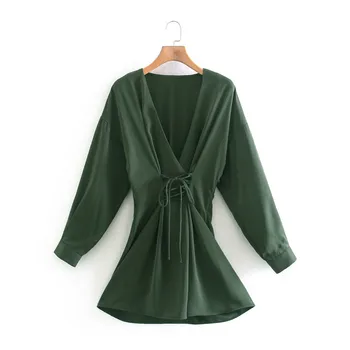 PSEEWE Za 2021 Zelená Šnúrkou Mini Šaty Žien Elegantný Dlhý Rukáv, Krátke Šaty Dámske Bežné V Krku Ruched Žena Šaty