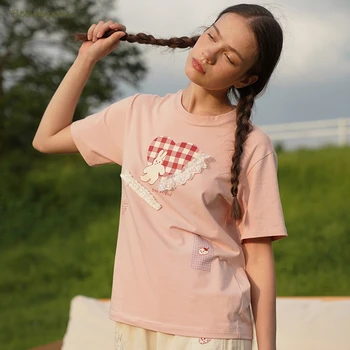 Prehoz v tvare Srdca Patch Králik Výšivky Nový Dizajn Ženy Letné T-shirts Sladké Ružové Dámske Voľné Tee Tričko Topy
