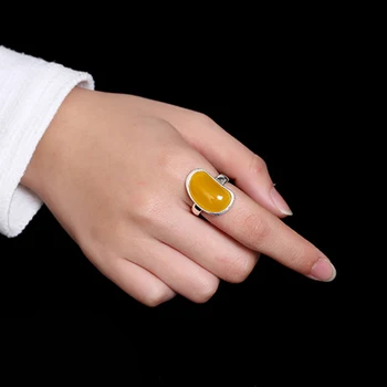 Skutočný Čistý 925 Sterling Silver Krúžky Pre Ženy Žltá Chalcedony Prírodný Drahokam Jednoduchý Dizajn Nastaviteľné Anelli Argento