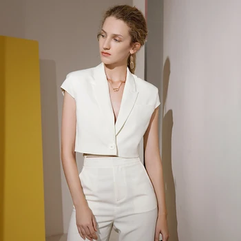 TWOTWINSTYLE Biely Elegantný Kabát Pre Ženy s Drážkou bez Rukávov Jediného Tlačidla Slim Coats Ženy Letné Módne Oblečenie 2021 Štýl