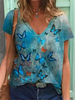 V-Neck Krátky Rukáv dámske Tričko Bežné Topy Útulný 2021 Nové Módne Motýľ Tlače Lady Oblečenie T-Shirts Voľné dámske Topy