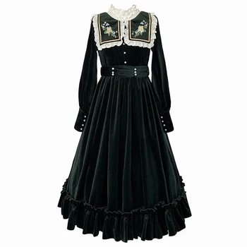 Vintage Vyšívané Velvet Lolita Módy Gotické Šaty Gothic Vestido Pešej Vzdialenosti Od Širokej Škály Lolitas Vestido Viktoriánskej Dlhý Rukáv Princezná Čipky