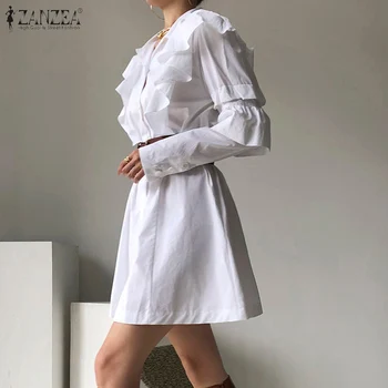 Ženy Elegantný Mini Tričko Šaty ZANZEA Módne 2021 Jar Jeseň Župan Žena francúzskej Čipky Vestido Bežné Bavlnené Šaty Prehrabať