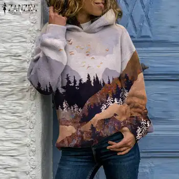 Ženy Jeseň Hoodies Mikina ZANZEA Vintage Vytlačené s Kapucňou Dlhý Rukáv Top Príležitostné Voľné Streetwear Módy Pulóver