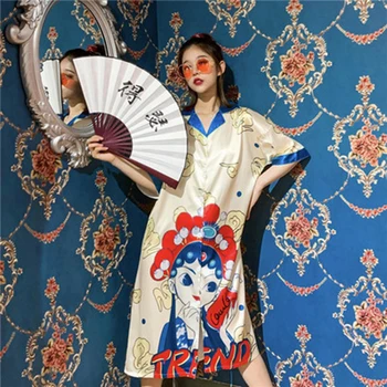 2020 Čínsky štýl, Leto, Jeseň Hodváb Dámske Sleepwear Sexy Sleepshirt Dlho Tlačiť Dámy Nightgown Mladé Dievča Outwear Nightdress