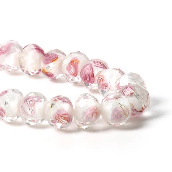 Biely Ružový Prúžok Kvet Lampwork Sklo Tvárou Korálky Pre Šperky, Takže Náramok DIY Šperky Zistenia Voľné Dištančné Sklenené Perly