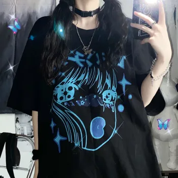 Black Cartoon Bavlnené Tričko Streetwear Nadrozmerná T Shirt Harajuku V Pohode Japonsko Roztomilej Príležitostné Gotický Tričko Amín Zábavné Voľné Topy