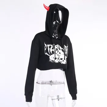 Black Goth 2021 nová mikina s Kapucňou Harajuku Demon Tlač Gotický Hoodies Ženy Pulóvre Streetwear Punk Dlhý Rukáv Ostrihané Kapucňou