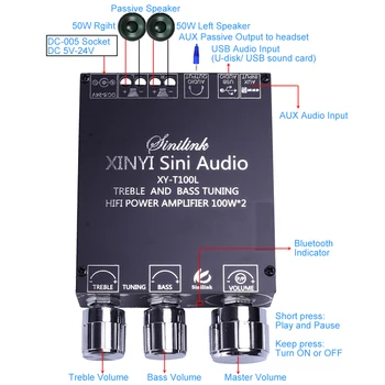 DC 5V-26V Bluetooth-kompatibilné Zosilňovač Stereo 2.0 Kanál 100W+100W BLE5.0 Výšok, Basov, AUX/U-disk Audio APP Radič