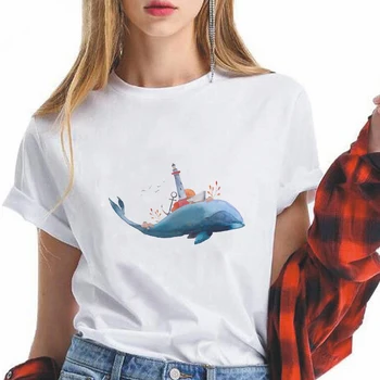 Estetické Lady T-shirt Veľryby a Maják Harajuku Oblečenie Letné Bežné tričko Ženy okolo Krku Módne Femme Vetement