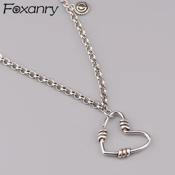 Foxanry 925 Sterling Silver Clavicle Reťazca Náhrdelník pre Ženy Trend Ročníka, Elegantné Jednoduché Duté Láska Srdce Strany Šperky, Darčeky