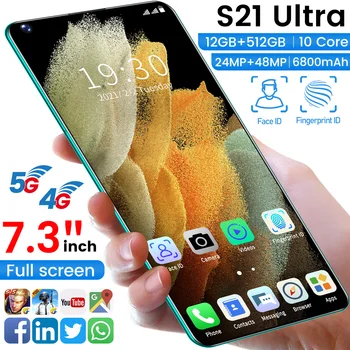 Globálna Verzia 2021 S21 Utra 7.3 Palcový Smartphone Celej Obrazovke 12G 512 gb diskom Android 10 GPS Mobil Odblokovaný Dual SIM Mobilný Telefón