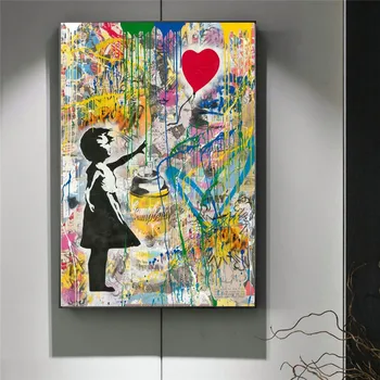 Graffiti Art Dievča s Balónom Plátno na Maľovanie Abstraktné Ulici Pop Art Plagáty a Tlačí na Steny Umenie Fotografie pre Domáce Dekorácie