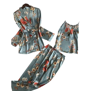 Kvetinový Tlač dámske Pyžamo Set 3 Ks Dlhé Nohavice Letné Dámske oblečenie pre voľný čas Ľadovej Hodváb Jar Sleepwear Satin Noc Nosenie 2021