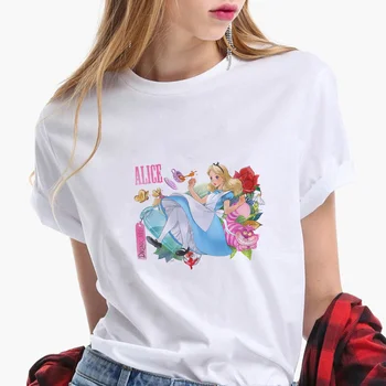 Móda Ženy Letné Tričká Krátky Rukáv Bežné Biele Alenka V ríši Divov Disney Tričká Tlač Harajuku T-shirts Grafické Tees