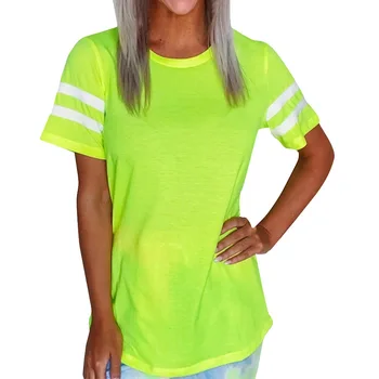 Neónové Farby O-Neck T Shirt Ženy O-krku Všestranný Ležérny Top Oblečenie Dámske Patchwork Žiarivkové svetlo Zelená Tees Ružová Voľné Šport