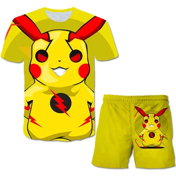 Nové Pikachu Deti je 3d T-tričko + krátke Nohavice Dvaja Chlapci A Dievčatá v Lete Bežné Vyhovovali Detí 3d T-tričko+ krátke Nohavice