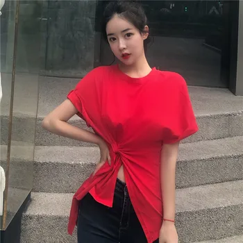 O-Krku Letné T-Shirts Ženy Kórejský Uzol Sexy Bavlna Bežné Office Lady Streetwear Voľné Tričká Topy Nepravidelný Duté Z354