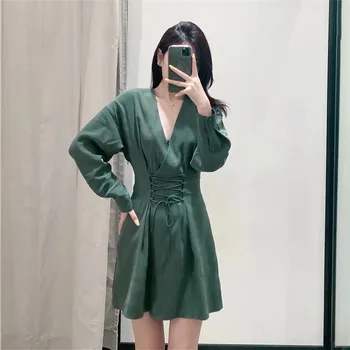 PSEEWE Za 2021 Zelená Šnúrkou Mini Šaty Žien Elegantný Dlhý Rukáv, Krátke Šaty Dámske Bežné V Krku Ruched Žena Šaty