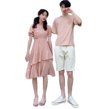 Pár Zodpovedajúce Oblečenie College School kórejský Módny Štýl Milovníkov Pár Ružové Šaty T-shirts Muži Ženy Letné Oblečenie Nosiť Nastaviť